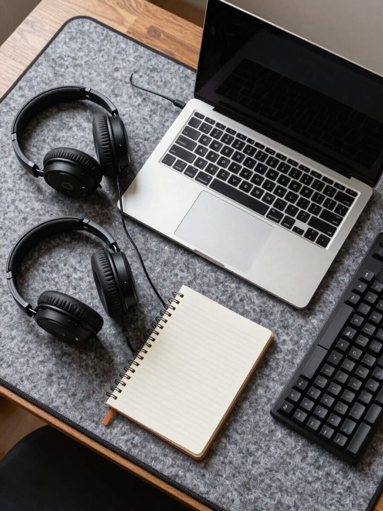 Overhead flat lay of a clean desk setup with an open laptop, high-end headphones, a notebook, and a mechanical keyboard arranged perfectly on a gray felt desk mat, soft natural light