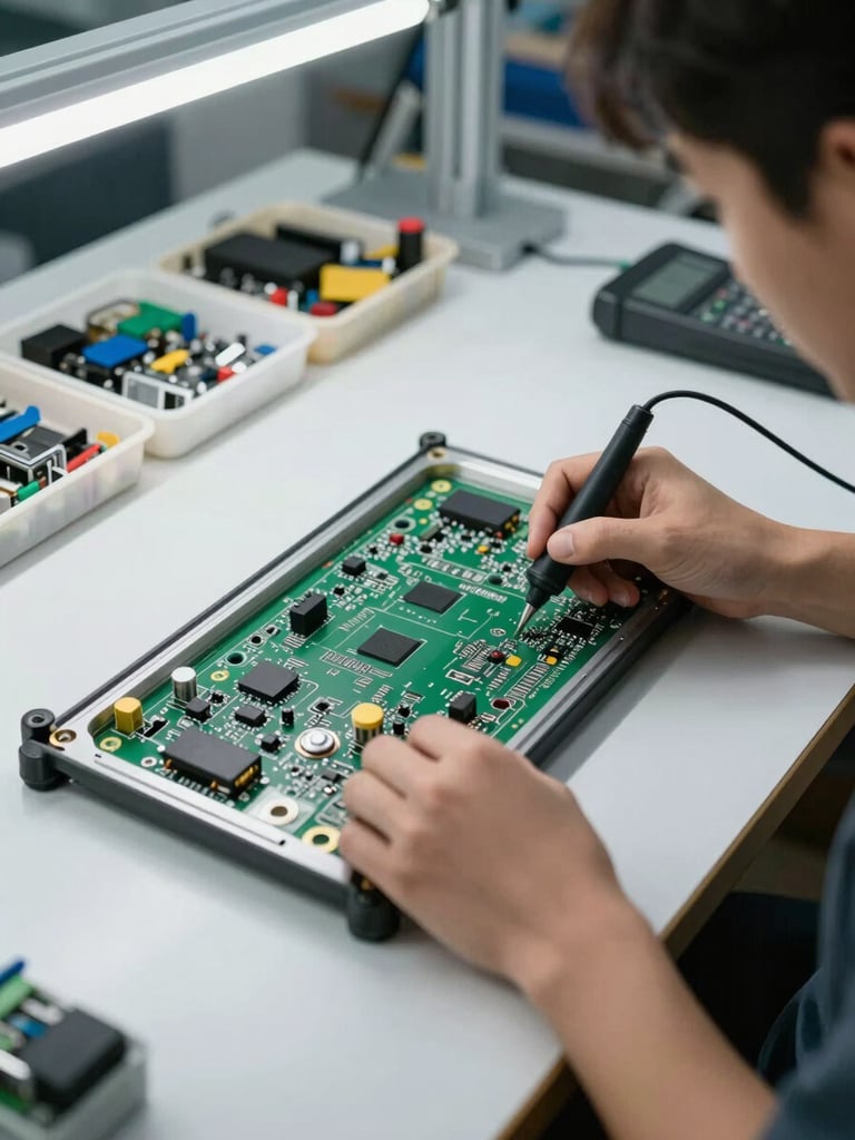 Wide-angle view of an organized TV repair workshop, open LED panel laid flat on a bright white workbench, technician hands using a diagnostic probe on the panel board, studio overhead lighting eliminating shadows, genuine spare parts trays visible in background left, clean and methodical workspace