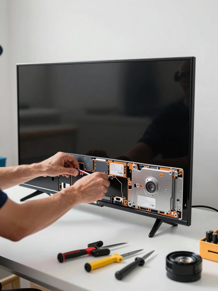 Close medium shot, technician hands carefully prying open the back panel of a large flat-screen TV on a white workshop bench, bright north-facing studio light eliminating shadows and revealing the internal components sharply, tools laid out in the foreground