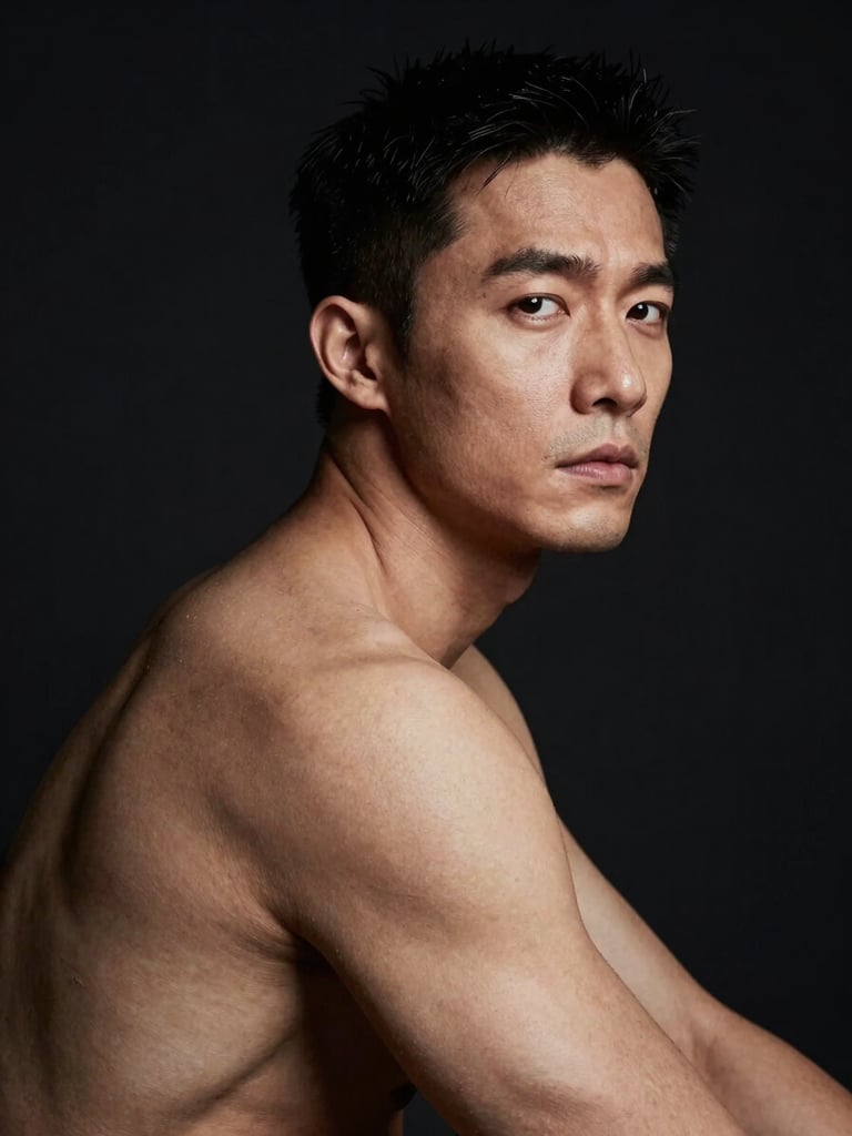 Close editorial portrait, dramatic side-lighting from left, male subject seated with bare shoulder turned toward camera, deep shadow filling the right half of frame, skin texture and jawline sharply defined, black studio background, stillness