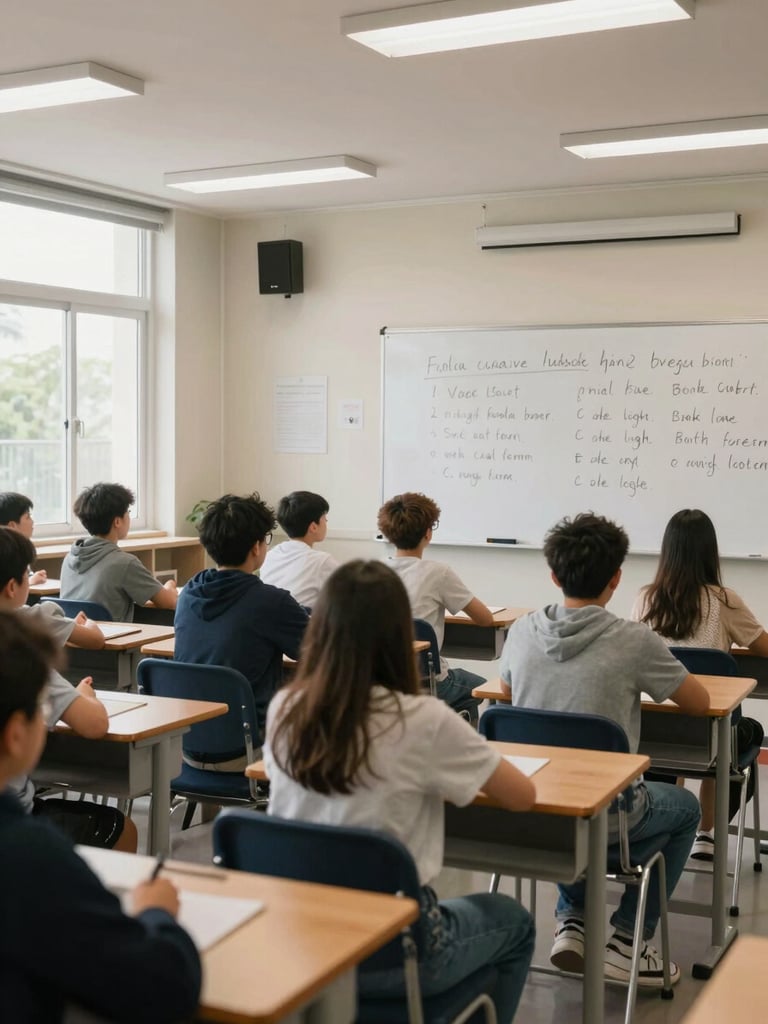 Wide environmental shot of a bright classroom interior, students seated at desks mid-lesson, whiteboard visible with written vocabulary exercise, natural daylight from windows on the left side, professional cool indoor lighting, candid documentary framing