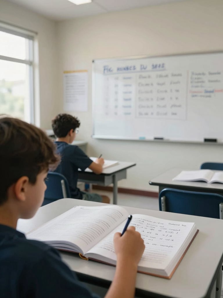 Wide shot of a bright classroom interior, a student working at a desk with an open textbook and handwritten notes, whiteboard visible in the background with Spanish curriculum content, natural window light from the left, documentary framing