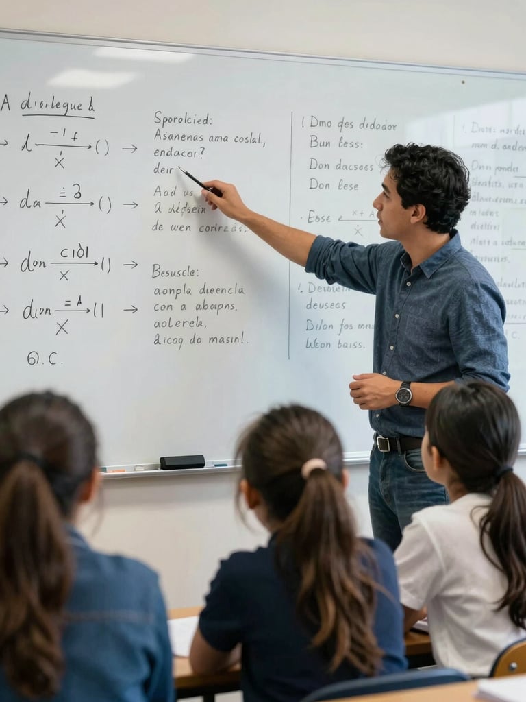 Close environmental shot of a small-group lesson in progress, teacher pointing at a whiteboard covered in equations and Spanish grammar notes, two students looking at the board, cool indoor daylight, mid-shot showing the room setup