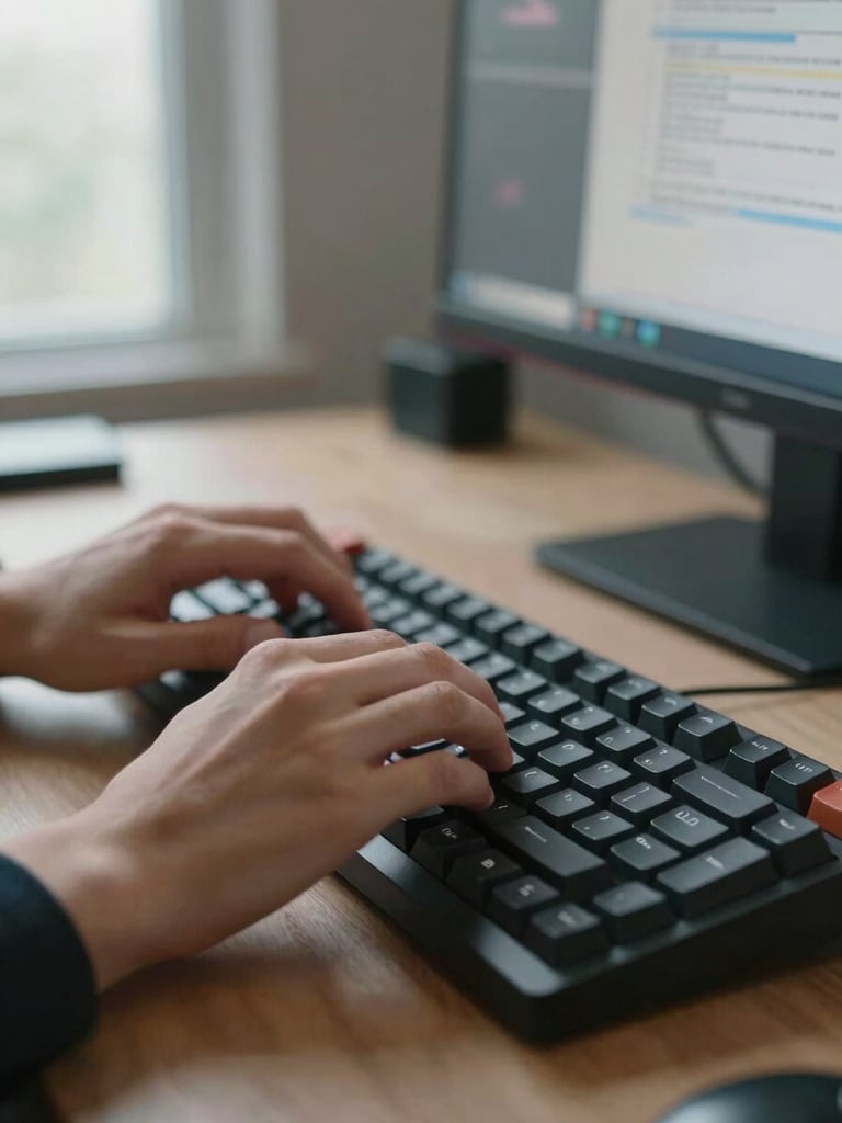 Close-up of hands on a mechanical keyboard at an organized workstation, a second monitor displaying structured documentation in the background, cool natural window light from the left, shallow depth of field emphasizing the hands mid-keystroke