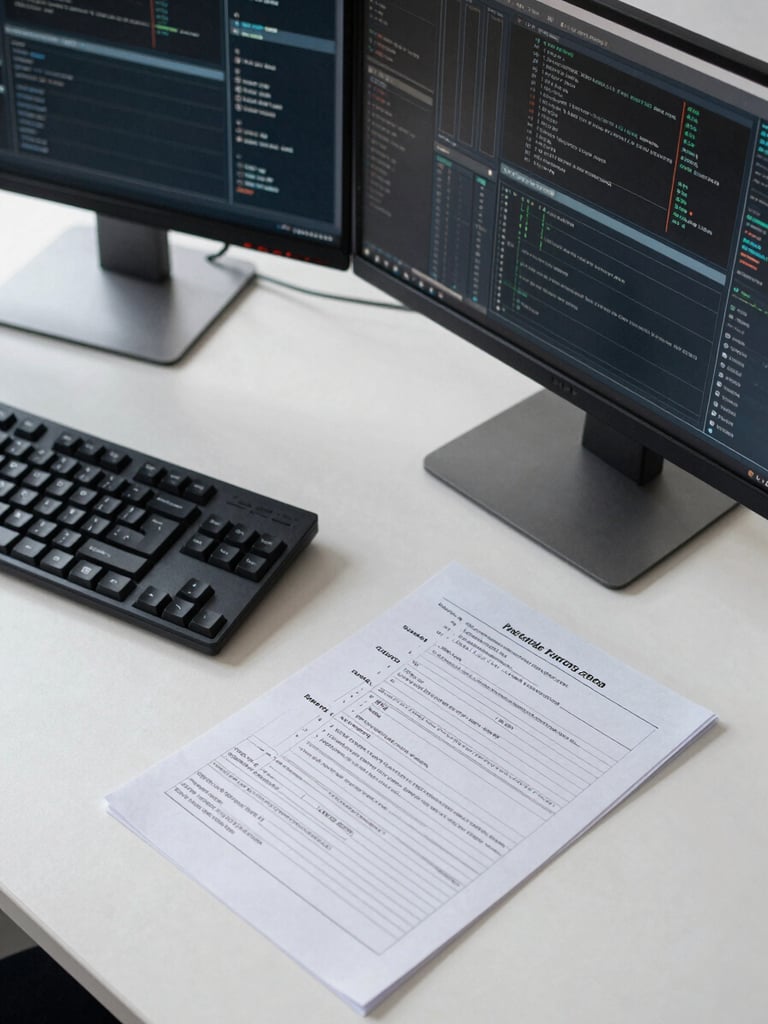 Close-up overhead view of an organized workstation desk: keyboard, dual monitors displaying operational dashboards, a printed process document with handwritten annotations, cool daylight from an unseen window, no people visible, clean and uncluttered surface