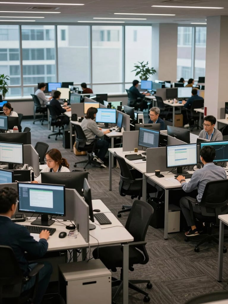 Wide floor-level panoramic view of a large open-plan contact center, rows of staffed workstations with monitors glowing under cool natural light from tall windows, employees actively working, clean and uncluttered desks, no posed shots, operational scale visible