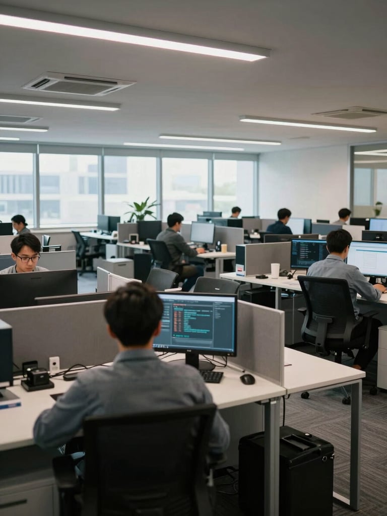 Wide environmental shot of an open office floor with agents at workstations, shot from a rear corner angle showing depth of rows, cool natural light from windows, uncluttered desks, no faces visible