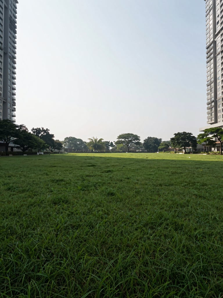 Low-angle panoramic view of the open ground plane at Godrej South Estate, no vehicles, deep green planted landscape stretching across the foreground, the base of two towers visible at the frame edges, clear morning overcast light flattening shadows to show the scale of empty ground