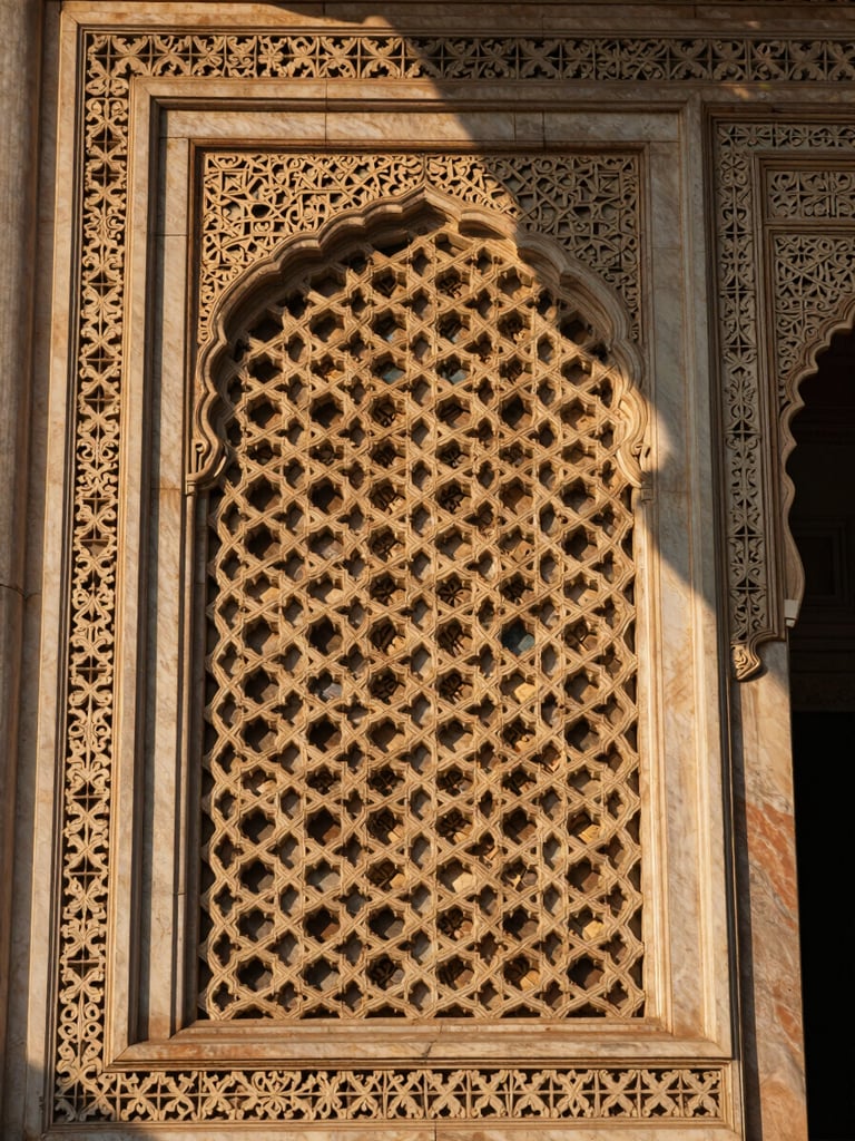 Extreme close-up of Mughal-inspired jali stonework on the South Estate facade, golden-hour light casting deep lattice shadows across the carved stone surface, intricate geometry filling the frame edge to edge