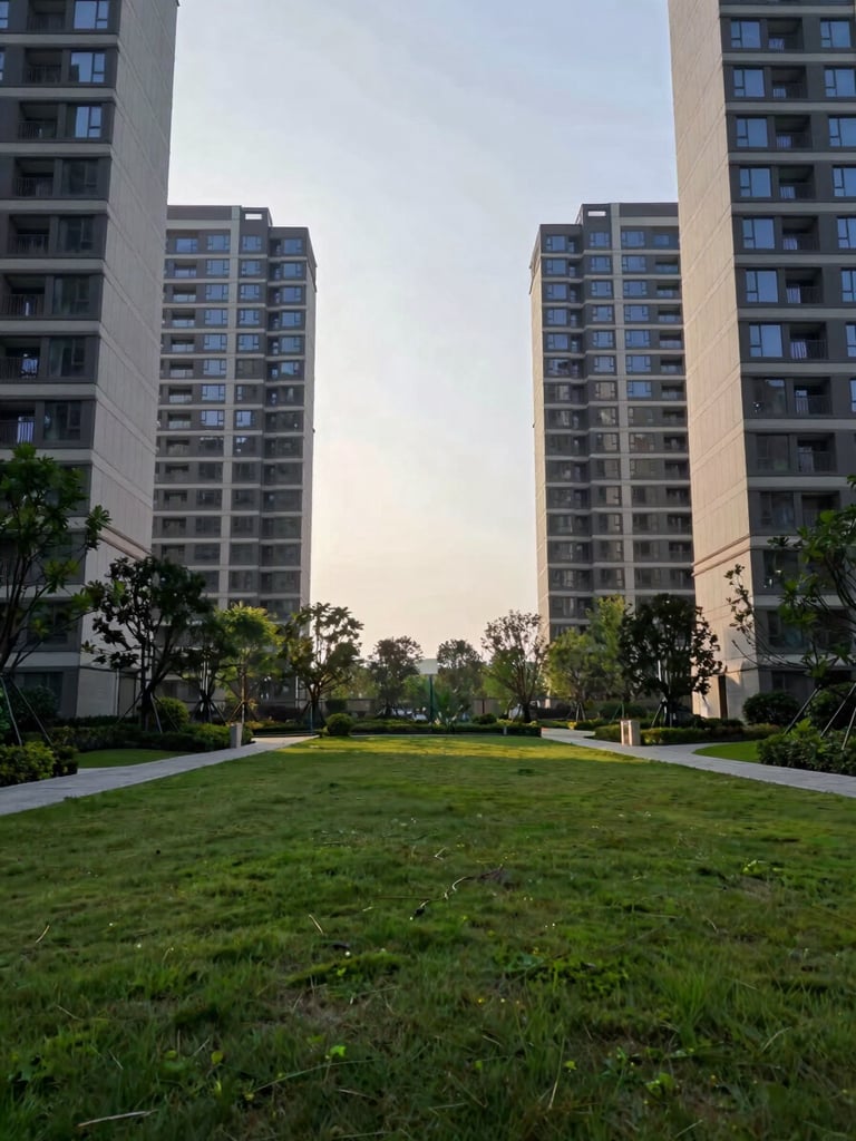 Wide environmental shot of the landscaped ground plane between four residential towers, deep green lawn and mature trees under clear morning overcast light, low horizon, no vehicles, no people, towers visible at edges framing open sky