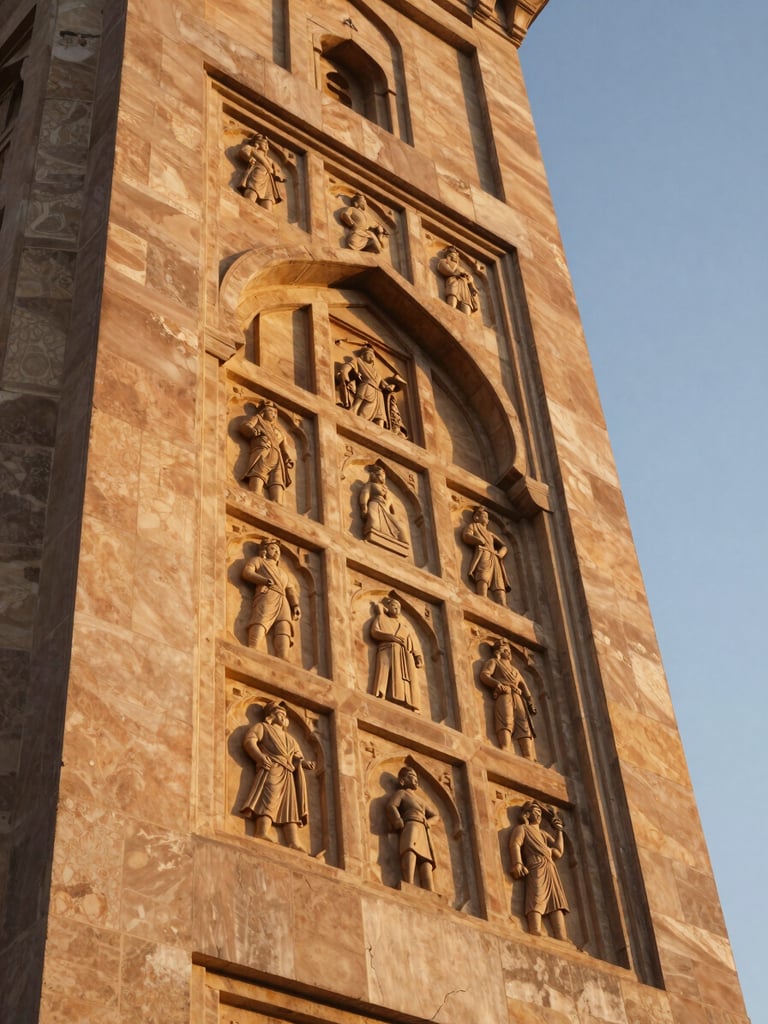 Low angle looking up along a tower facade at golden hour, smooth monolithic concrete surface meeting Mughal-inspired stone relief panel, sharp geometry, warm amber raking light casting deep shadows on the relief, no people, no signage