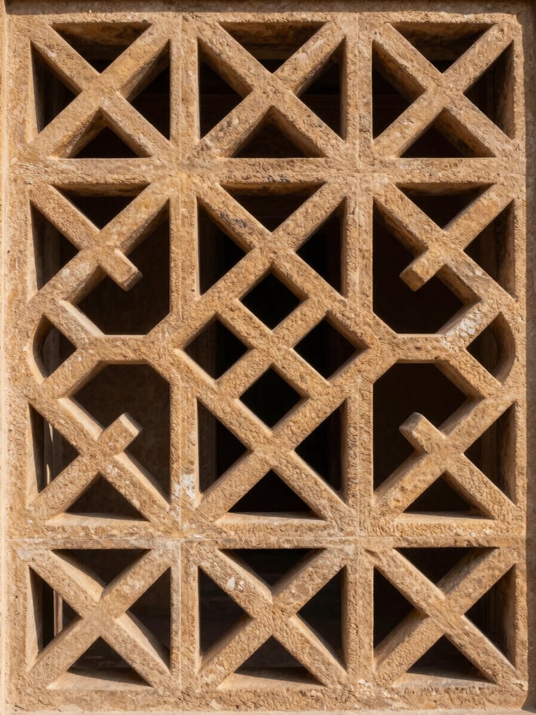Extreme close-up of Mughal-inspired jali stone screen, sharp angular geometry carved in warm sandstone, photographed straight-on in clear morning overcast light emphasising deep shadow and texture, no people