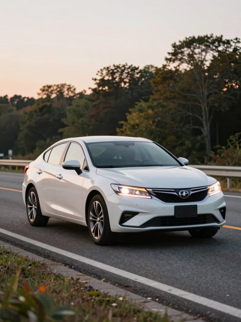 Eye-level medium shot of a clean modern passenger car parked safely on a Massachusetts highway shoulder at dusk, hazard lights blinking softly, warm natural lighting.