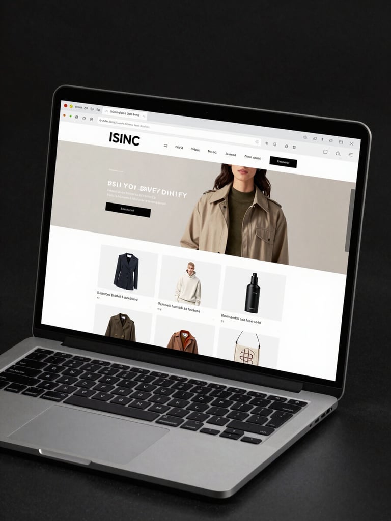 Full browser window screenshot of a clean, professional e-commerce website displayed on a modern laptop, shot from slightly above on a dark studio surface, high-contrast studio lighting, sharp focus on the browser chrome and product grid visible on screen