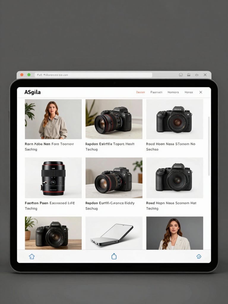 Full-browser desktop screenshot of a clean e-commerce storefront with product grid visible, shot straight-on under neutral studio light, tight frame filling the entire browser chrome, no text overlays