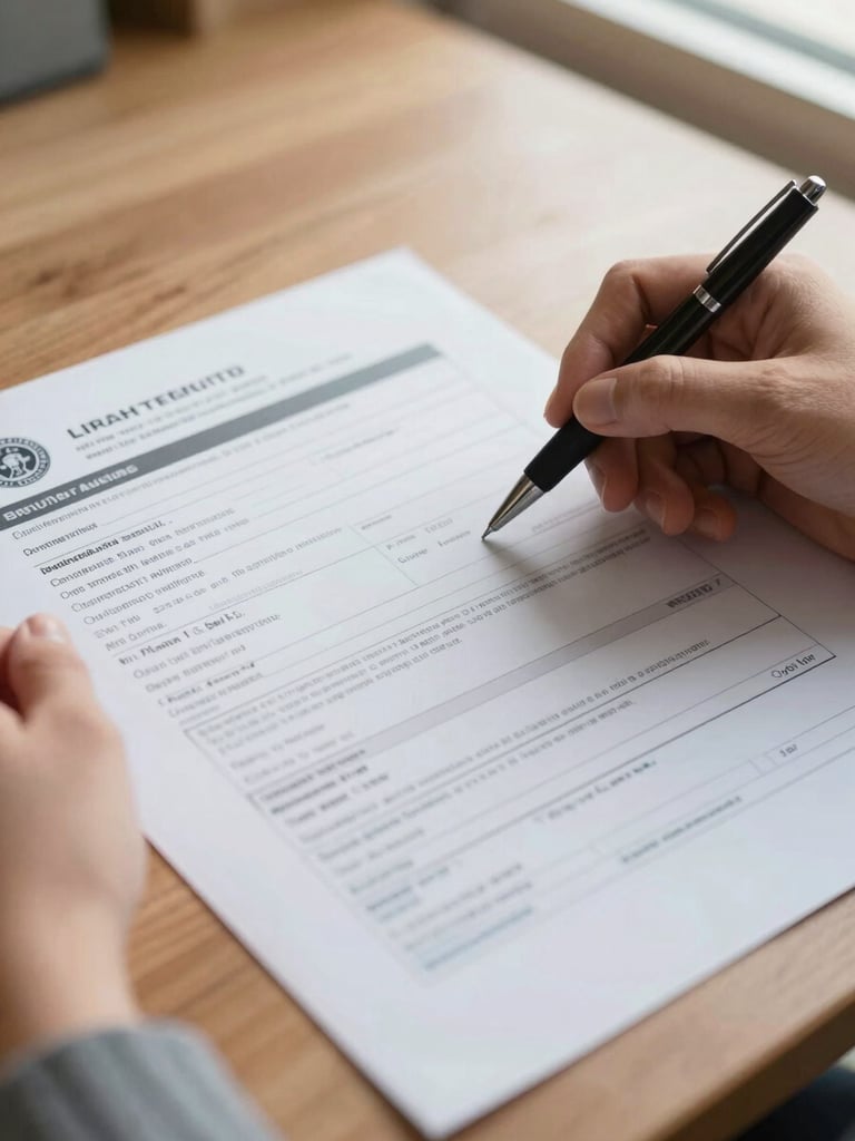 Close-up tight frame of a pair of hands holding a printed visa application form on a wooden desk under bright natural window light, a pen resting across the page, document detail sharp and readable, no faces visible
