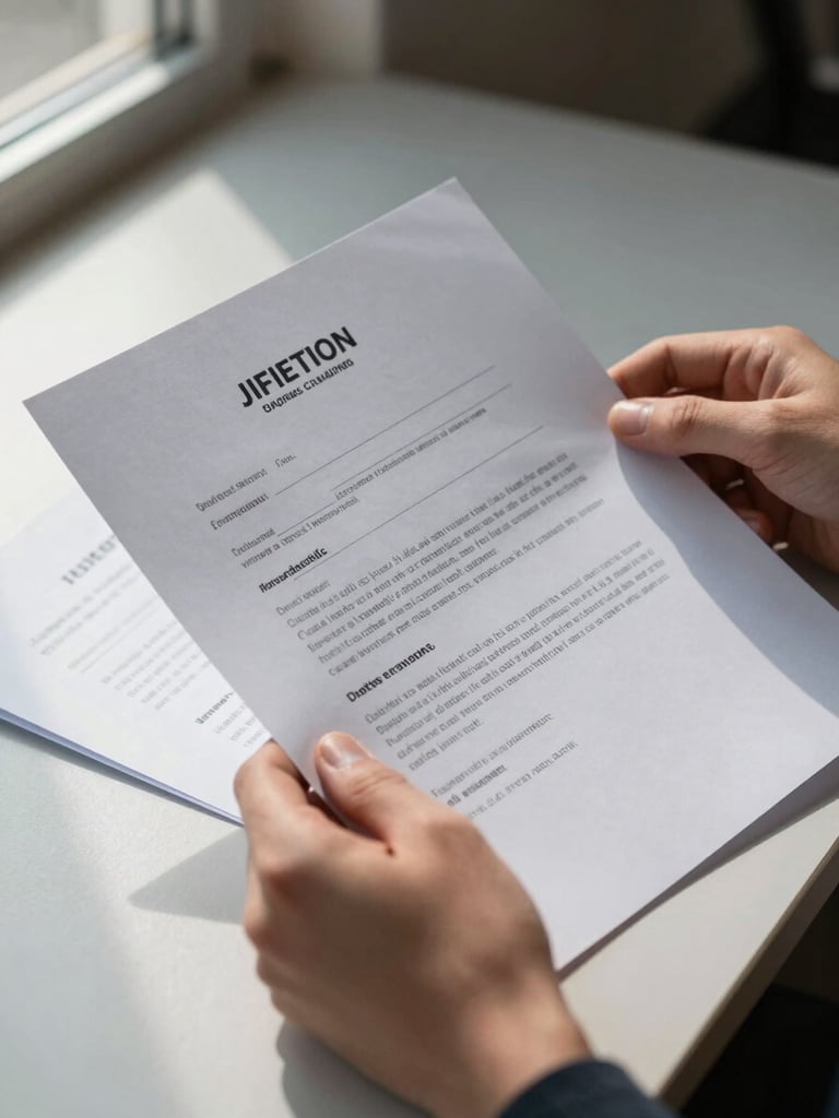 Close-up tight frame: a pair of hands holding a printed offer letter over a desk surface, a second document partially visible beneath it, natural window light from the left casting clean shadows, documentary style