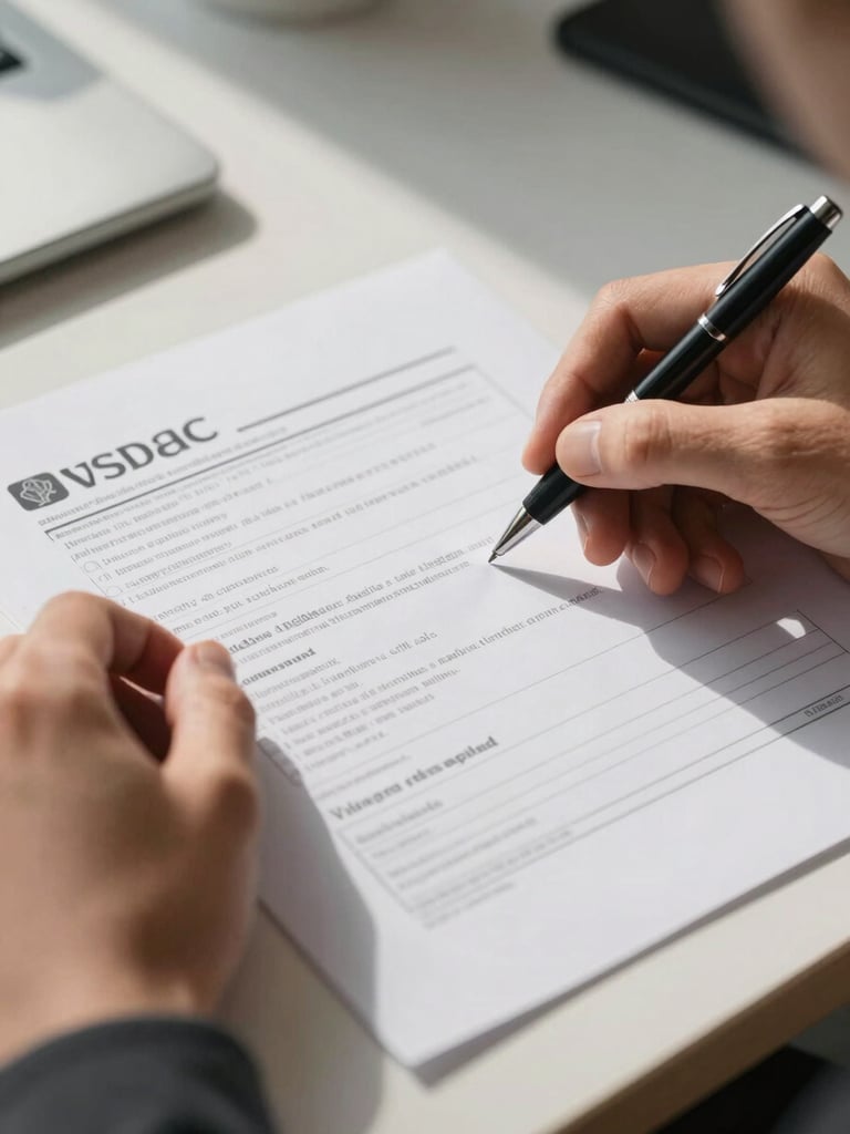 Close-up tight frame of a single person's hands reviewing a printed visa checklist at a desk, a pen resting beside the document, natural daylight from the left casting clean shadows, no face visible