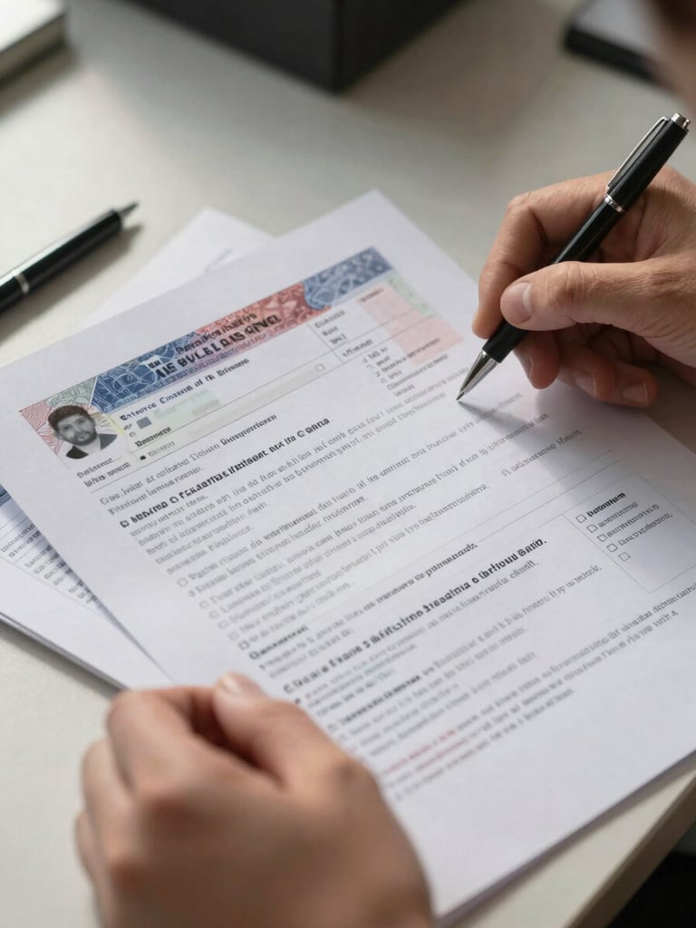 Close-up of a pair of hands holding and reviewing a printed visa application document on a desk, natural daylight from the left, a pen resting beside the papers, tight documentary frame showing document text and attentive fingers
