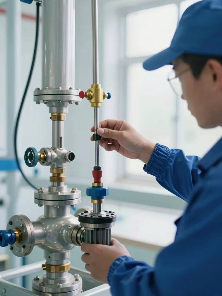 Close-up of a technical operator in safety gear adjusting a chemical dosing pump, sharp focus, cool blue and sterile white tones, bright industrial lighting.