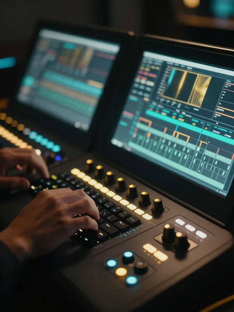 Extreme close-up of a creative director working on a color grading console, glowing screens reflecting teal and gold light, moody atmosphere