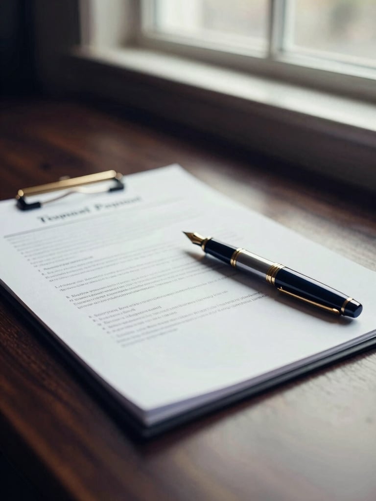 Close-up of premium financial documents on a dark oak desk, soft natural window light, elegant fountain pen, professional editorial photography