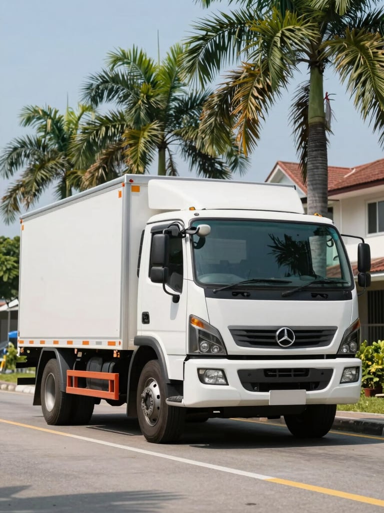 Low-angle action shot of a clean local 3-tonne moving lorry parked on a bright, sunny Malaysian residential street, green palm trees in background, clear daylight framing.