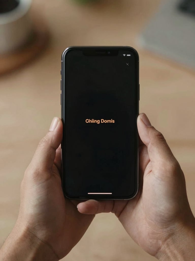 Close-up of hands holding a smartphone displaying a highly simplified, low-glare dark interface with minimal amber text, soft warm lighting, calm indoor setting.