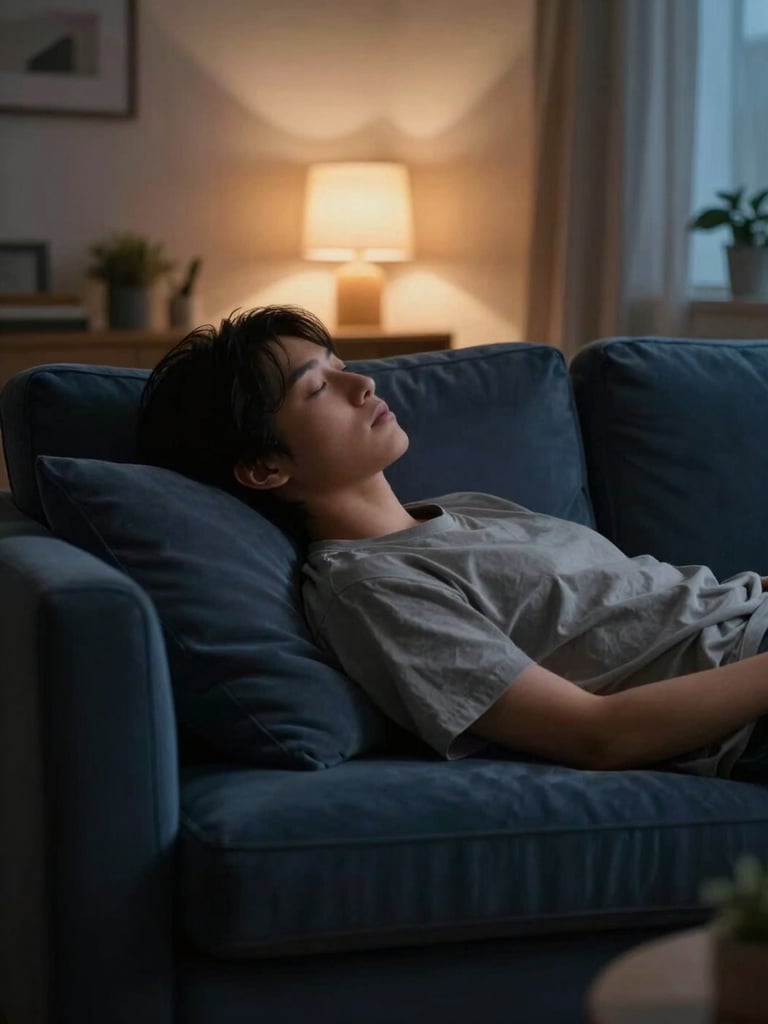 Dimly lit, cozy living room at twilight, a person resting calm and peaceful on a dark blue sofa, soft warm ambient light from a distant lamp, low contrast, gentle on eyes.