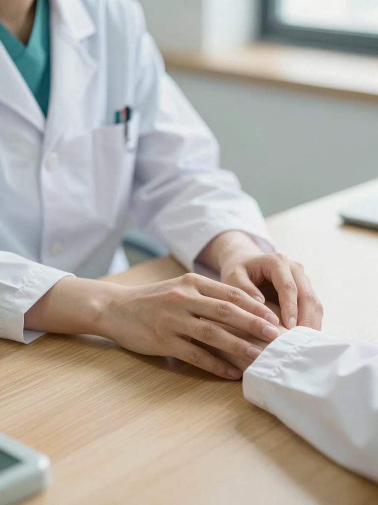 Medium close-up of relaxed hands resting on a clean wooden desk, soft warm daylight, professional and calming atmosphere, clinical setting with teal and white tones.