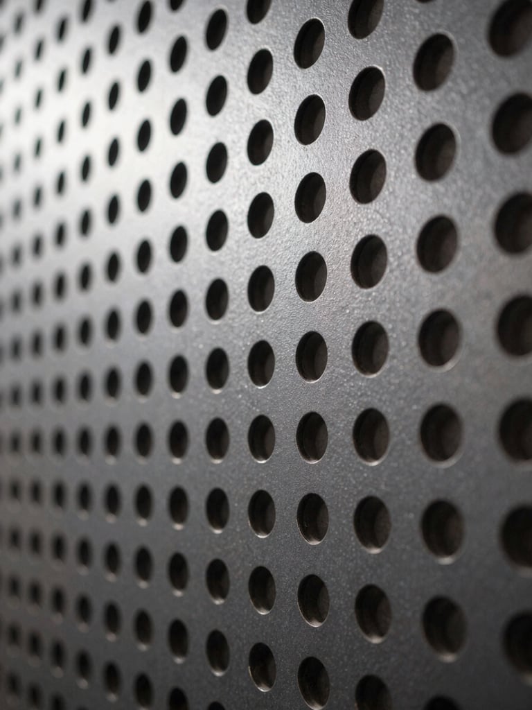 Extreme close-up architectural detail of a perforation pattern on a metal acoustic panel—precisely punched circular holes in powder-coated charcoal steel, cool raking light from the upper left casting micro-shadows inside each perforation, sharp focus on the grid geometry