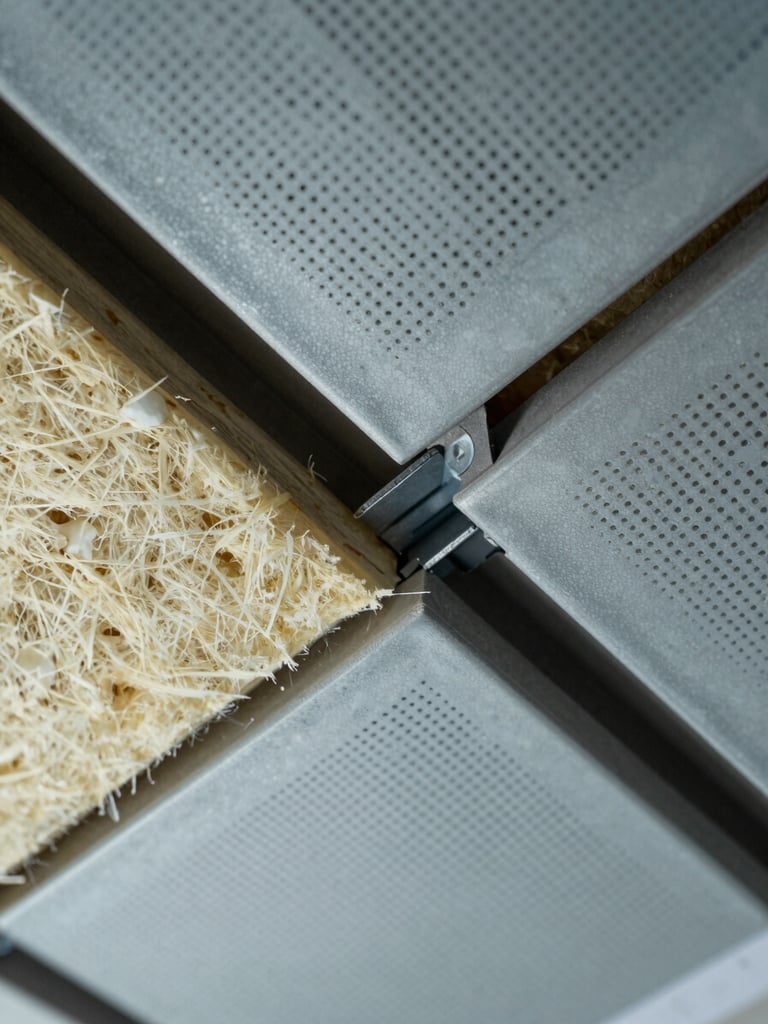 Extreme close-up overhead view of a wall-to-ceiling acoustic panel joint showing mineral wool substrate, perforated metal face, and structural clip detail, cool diffused daylight from above, no people, construction drawing partially visible at edge
