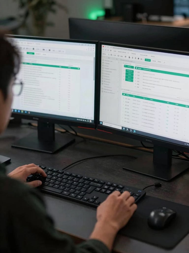 Over-the-shoulder view of a clean dark workspace, dual monitors showing complex ad manager accounts, subtle green accent lighting.
