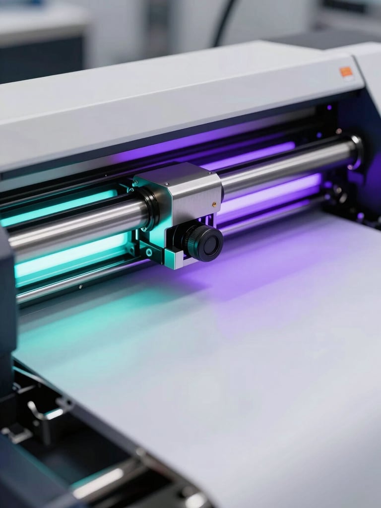 Close-up of a technician calibrating a large format UV flatbed printer, neon cyan and violet light reflecting on a metallic printhead, high precision environment