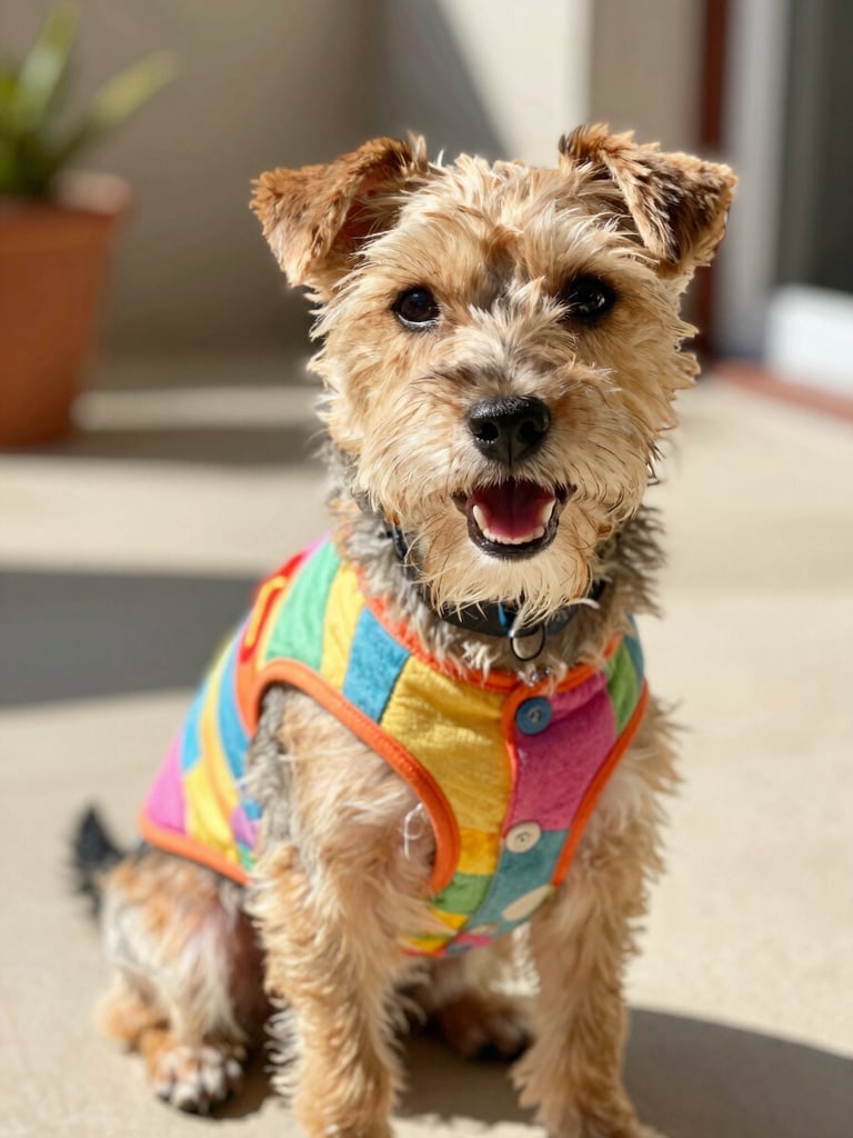 Close-up of a happy small terrier dog wearing a colorful handmade vest, sitting on a sunny patio, warm natural light, shallow depth of field.