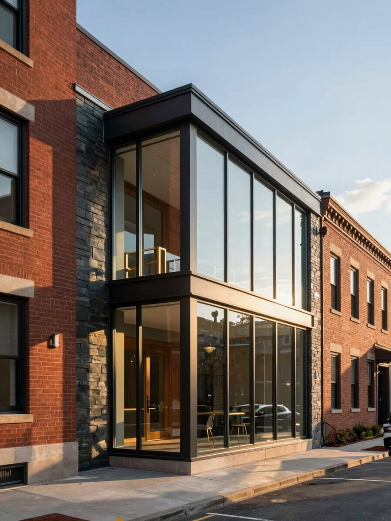 Exterior shot of a modern glass and dark slate addition seamlessly integrated into a historic Providence red brick facade, golden hour light, sharp shadows.