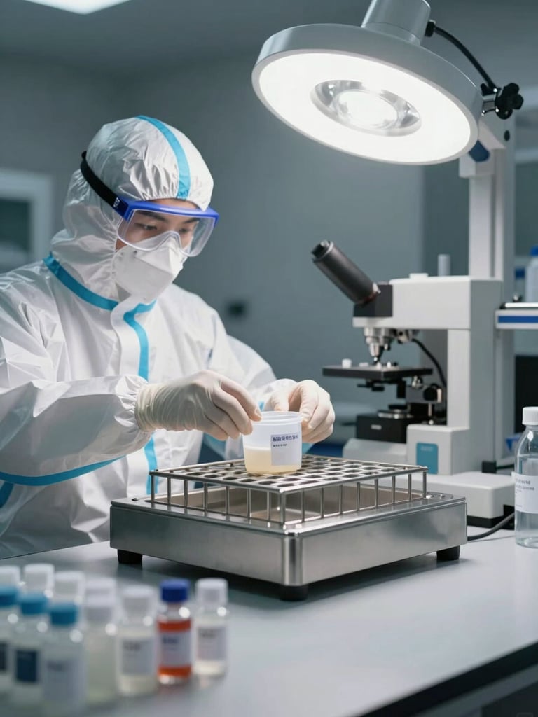Wide laboratory workstation shot from the left, certified technician in PPE placing a sealed sample container into a stainless steel rack under bright shadowless studio lighting, labeled vials in the foreground, clinical gray background