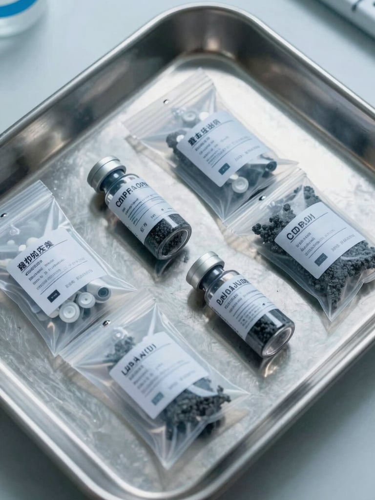 Close-up overhead shot of four sealed asbestos sample vials in labeled evidence bags arranged on a stainless steel tray under bright shadowless laboratory lighting, cool silver and gray tones