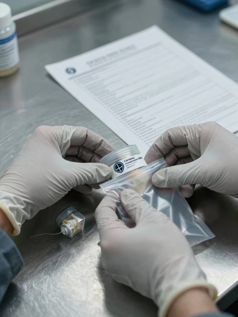 Close-up of a certified technician's gloved hands placing a sealed sample container into a chain-of-custody evidence bag on a stainless steel lab bench, documentation form visible in background, shadowless studio lighting, cool gray and silver tones