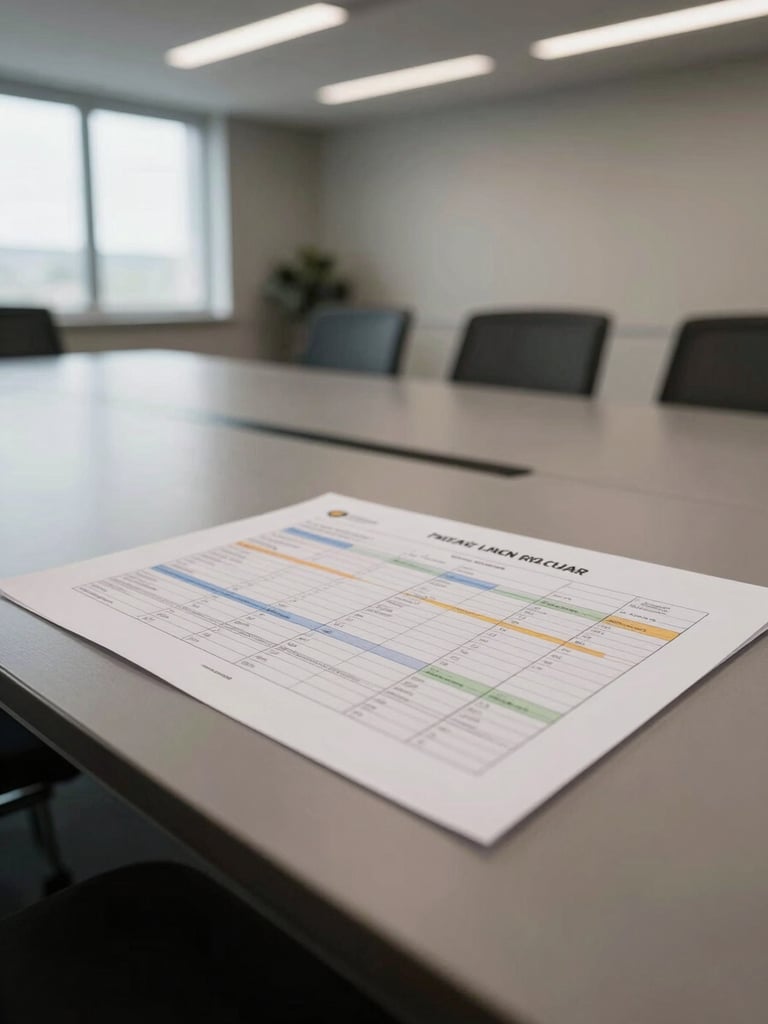 Wide shot of a quiet meeting room interior, a single printed portfolio allocation chart resting on a table under diffuse skylight, architectural lines visible in the background, calm and ordered atmosphere