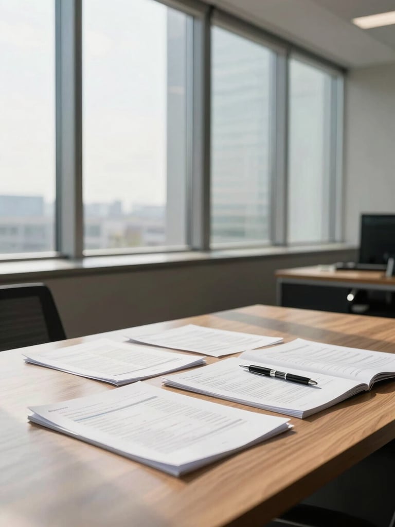 Wide shot of a calm, north-light office interior — a wooden desk with financial documents laid out in careful order, a single pen resting on an open page, soft daylight from tall windows casting clean shadows across the surface, no people visible, architectural precision in the composition