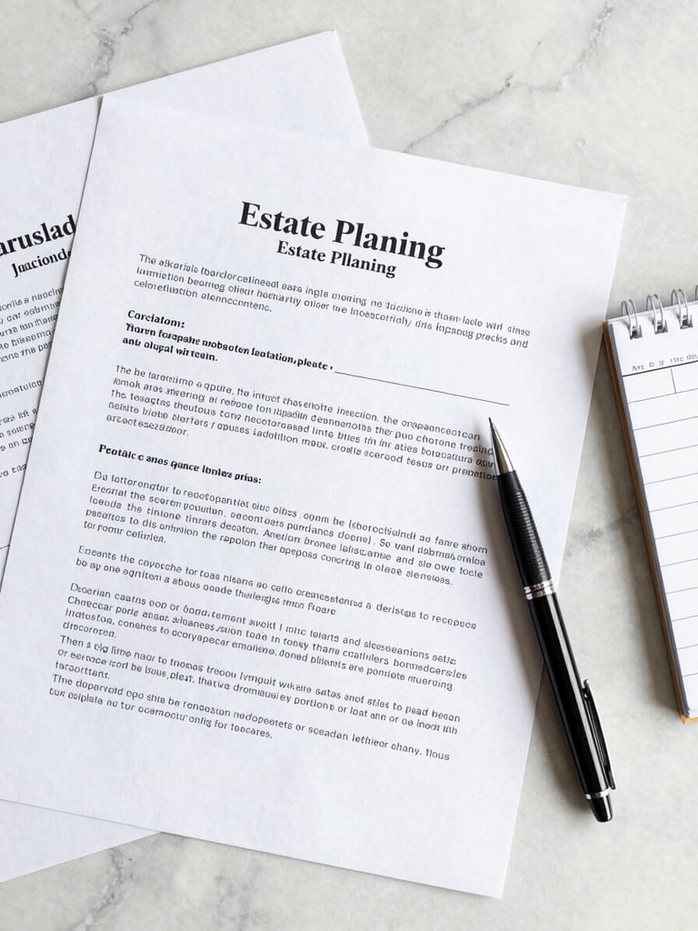 Close-up overhead flat-lay of estate planning documents on a light marble surface, a pen resting beside handwritten notes, diffuse natural daylight, ordered and calm