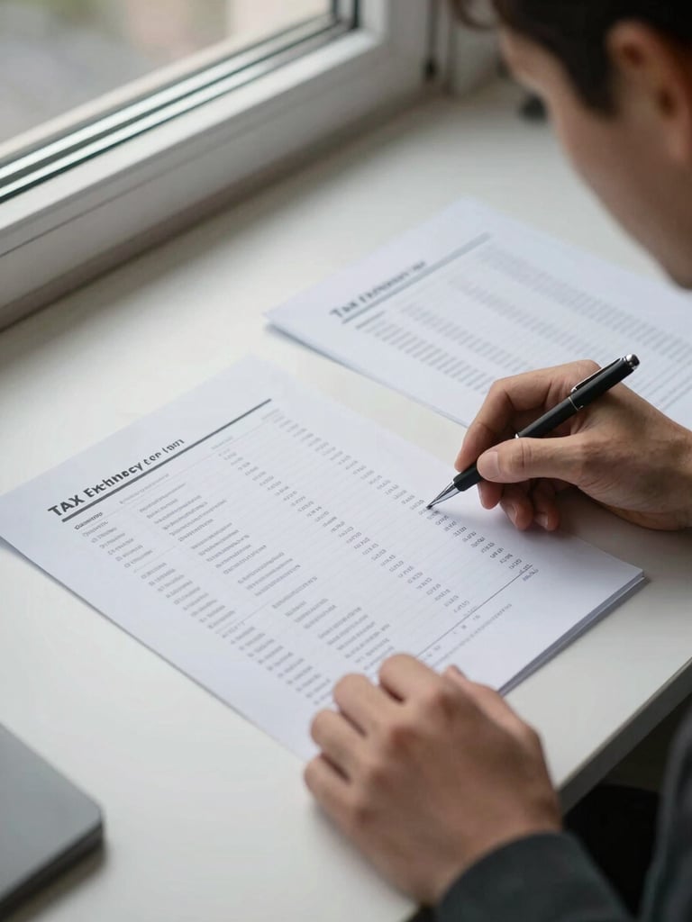 Hands reviewing a tax efficiency report on a clean desk under north-facing window light, papers organized in columns, detail-oriented framing, no faces visible