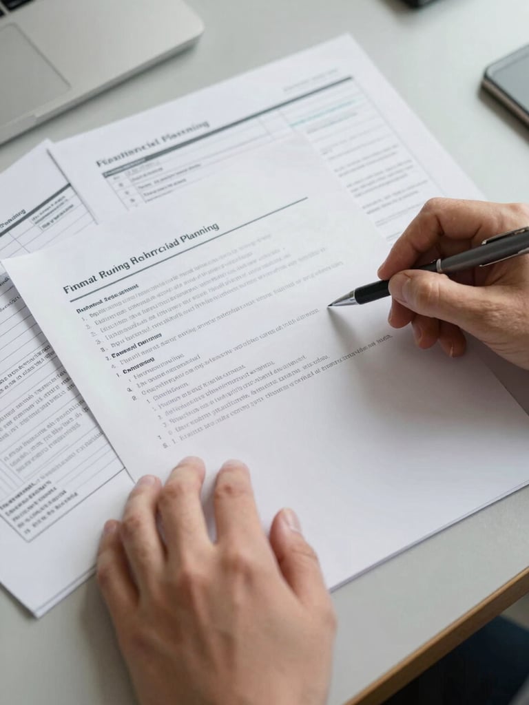 Close-up overhead flat-lay of financial planning documents spread on a pale grey desk, a hand resting on an open page mid-review, a mechanical pencil beside margin notes, north-facing daylight washing evenly across the paper, no faces visible