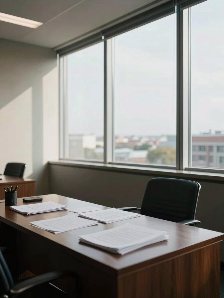 Wide interior of a quiet advisory office, floor-to-ceiling window on the right flooding the room with north-facing daylight, a dark wood desk with neatly arranged documents in the foreground, empty chair, calm and orderly, no people