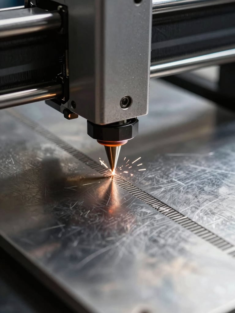 Extreme close-up of a laser engraver mid-operation on a stainless steel plate, raking side light from the left revealing engraved line detail and surface texture, sparks visible at the tool tip, dark background, no people, industrial documentation framing