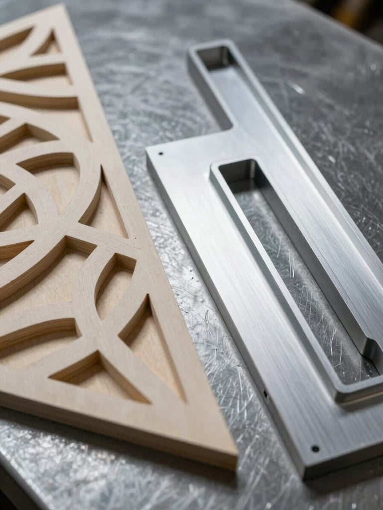 Extreme close-up overhead flat-lay of three finished CNC-routed parts — one MDF relief panel with deep 3D geometry, one acrylic 2D profile cut, one aluminium composite sheet with precise channel cuts — arranged on a dark steel workshop surface under studio strobe raking light revealing edge quality
