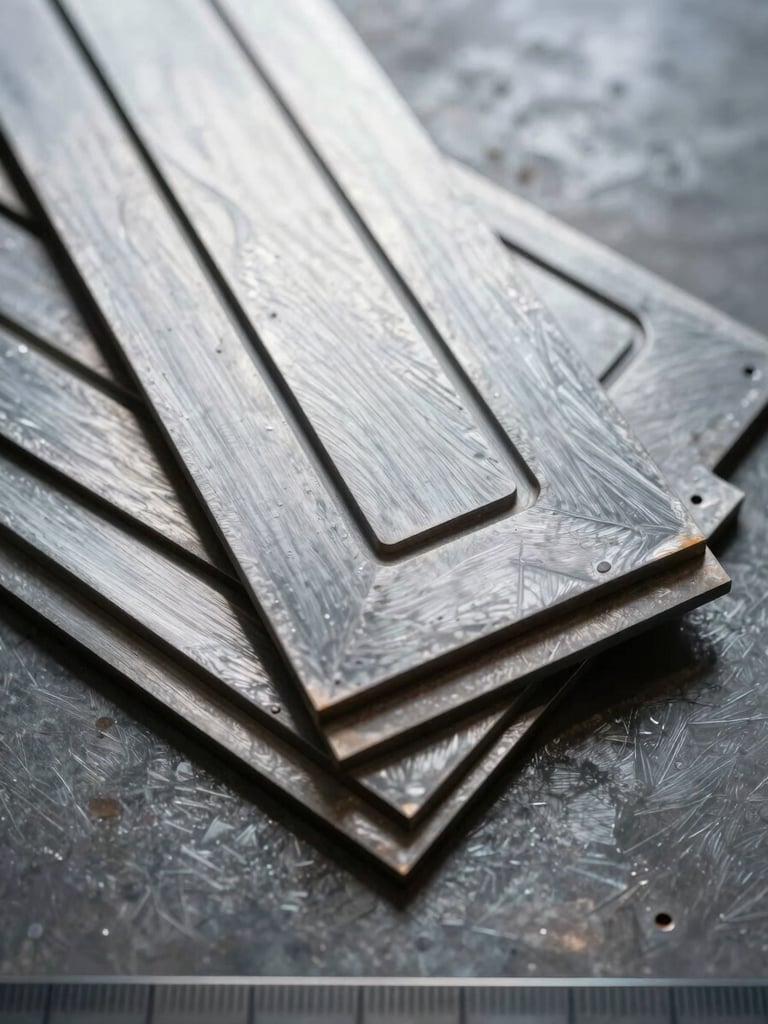 Extreme close-up overhead flat-lay of freshly laser-cut steel plates arranged by thickness on a dark metal surface, raking side light revealing precise cut edges and surface texture, scale ruler visible at bottom edge