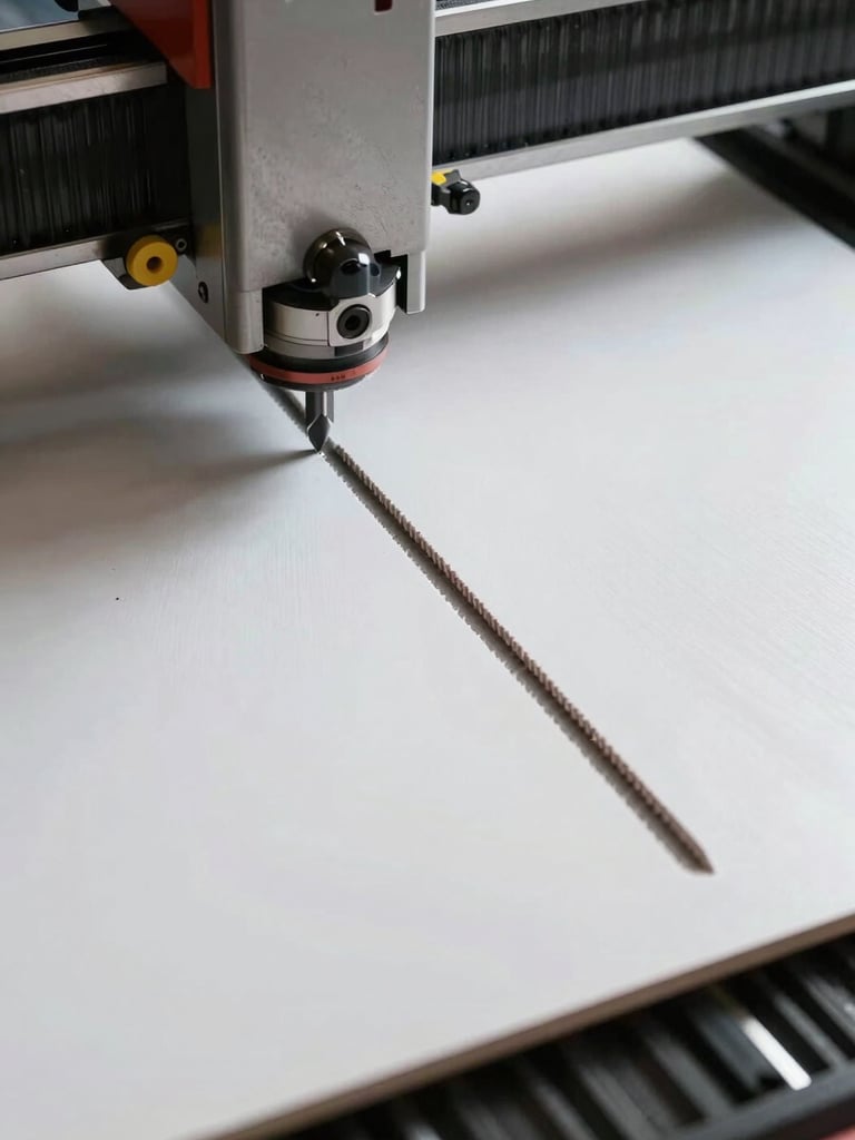 Overhead close-up of a CNC router cutting a flat 2D profile from a sheet of white PVC board, clean straight kerf visible, router bit frozen mid-pass, raking side light casting sharp shadows along the cut edge, material grain clearly visible