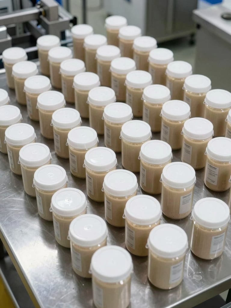 Overhead shot of a clean industrial food packaging station, labeled containers arranged in rows on stainless steel surface under bright facility lighting, no people, emphasizing process and scale